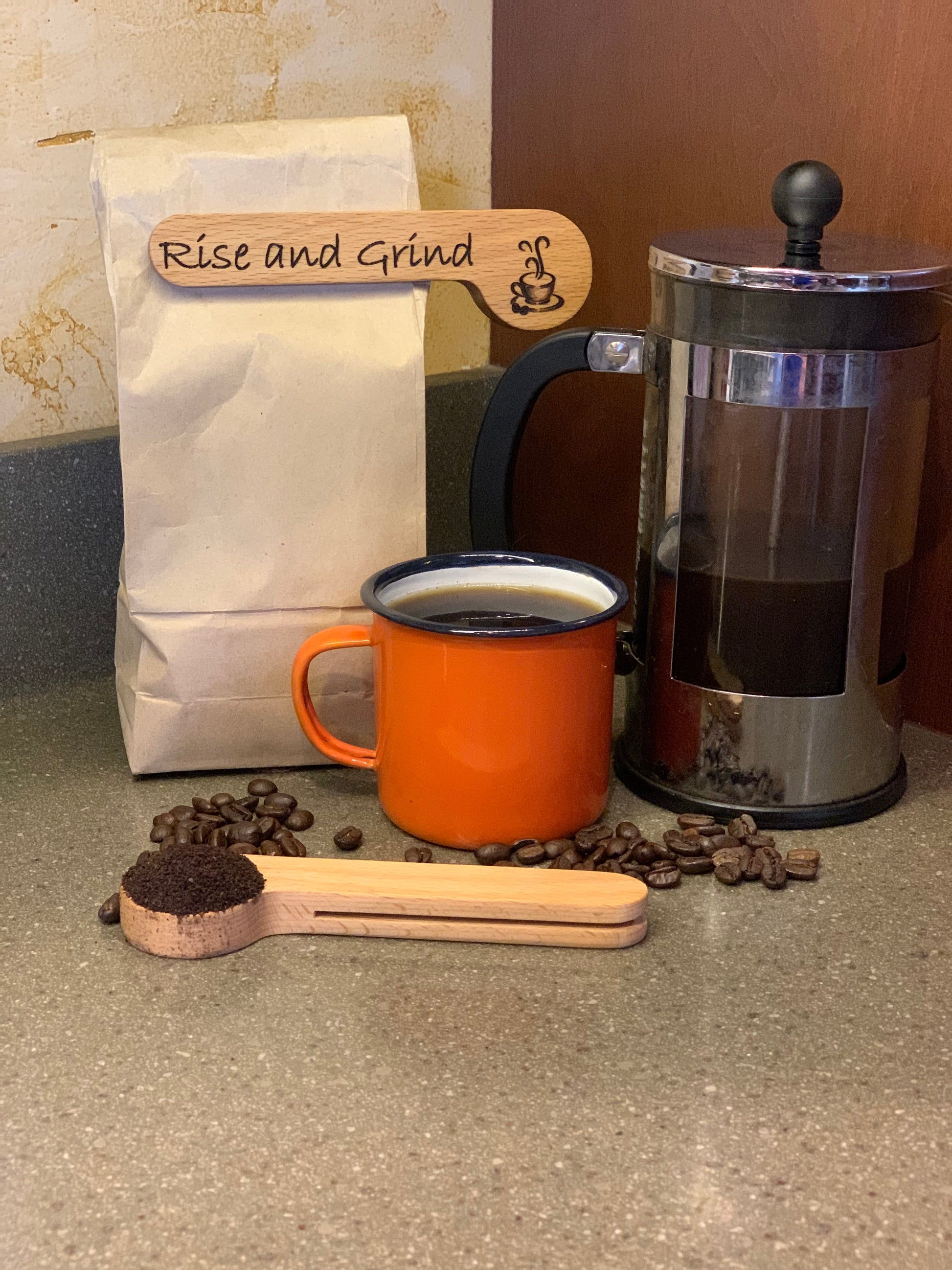 Laser engraved coffee spoon and bag clip with coffee cup and French Press