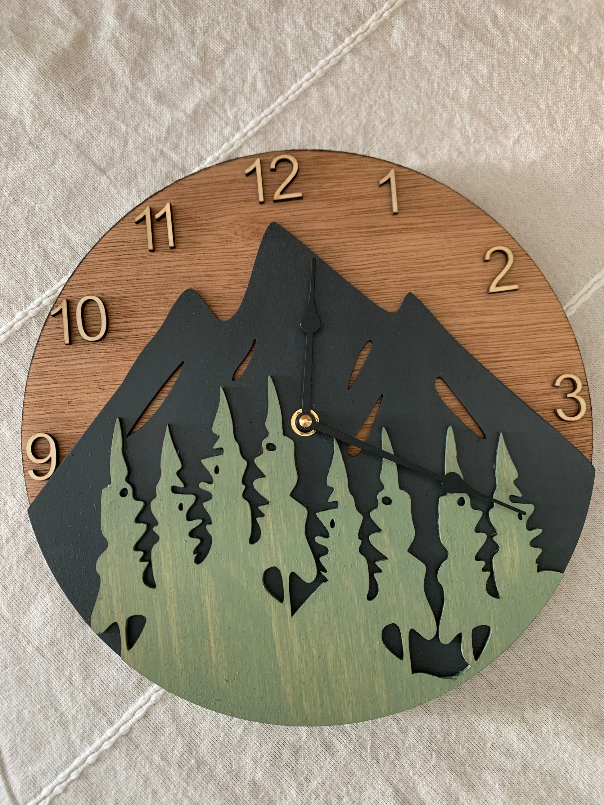 Mountain themed analog laser cut wood clock