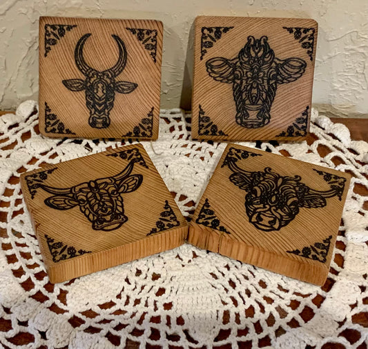 80+ Year Old Reclaimed Cedar Barn Wood Coasters with Beautiful Bovine Laser Engraving