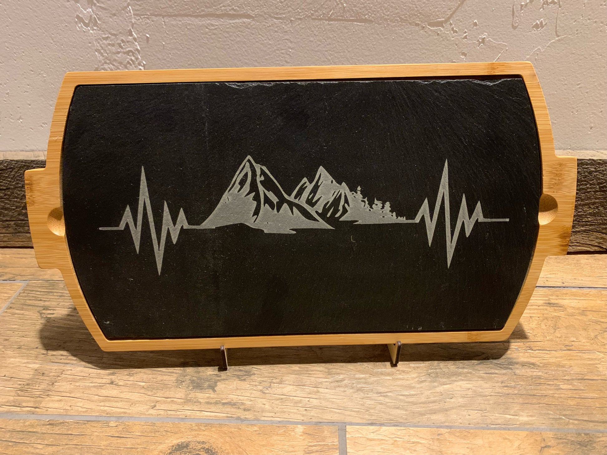 Laser engraved Mountain heartbeat slat and bamboo