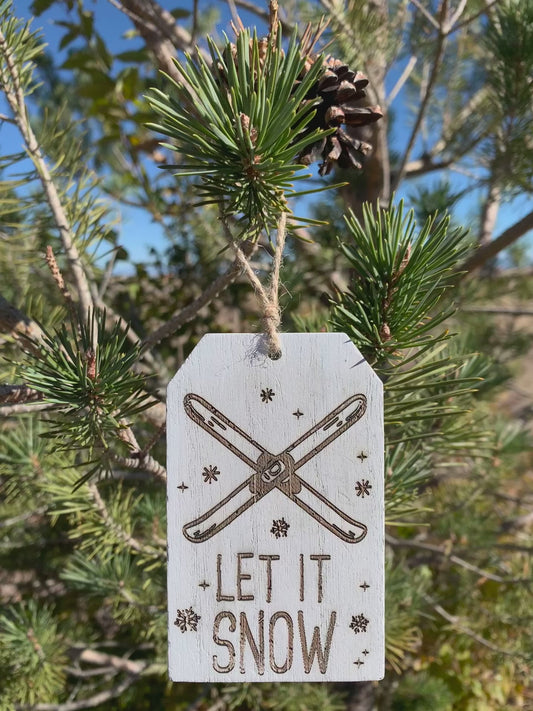 Wood Tag Ornament with Laser Engraved Skis