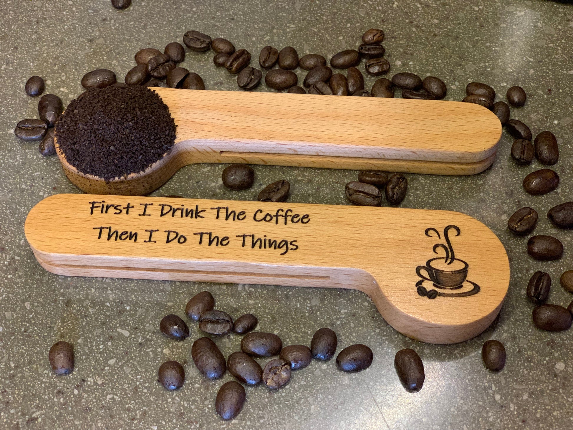 Laser Engraved Wood Coffee Spoon "fist i drink the coffee then i do the things"